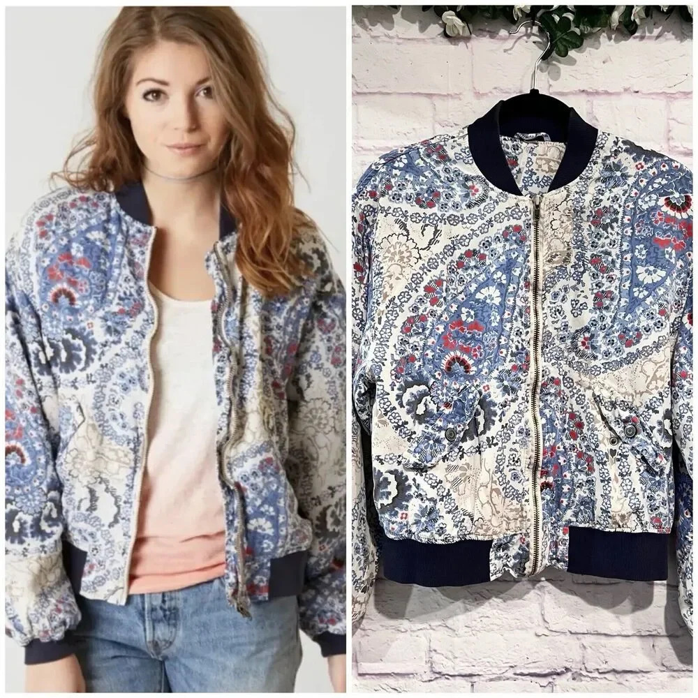Free People Quilted Bomber Jacket Size XS Navy Paisley Floral Print Zip Up Boho